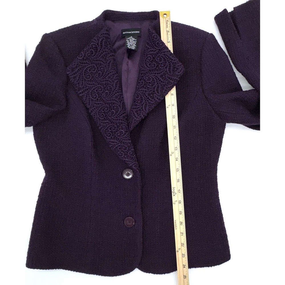 Sutton Studio Purple Boucle Blazer Embroidered Guipure Lace Lapel Women's Sz 10 - Picture 9 of 9